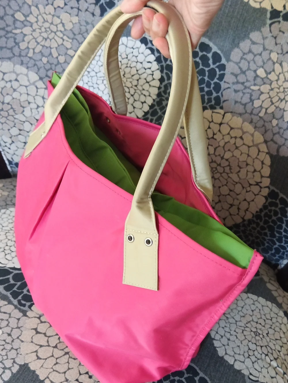 18x12x6" Waterproof Hot Pink & Apple Green 🏖️ Beach Tote Bag with Tan Handles - Picture 3 of 13